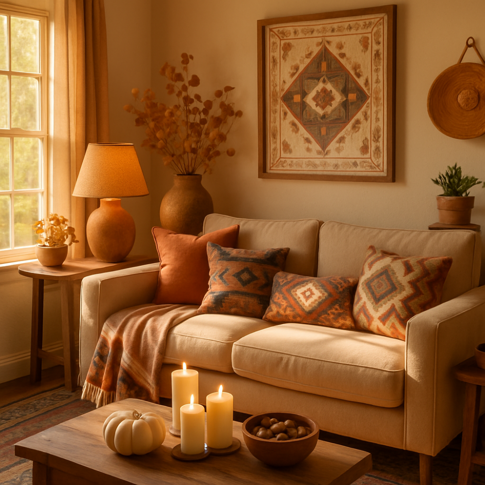 A cozy living room with soft, warm lighting from table lamps, embodying a fall hygge style